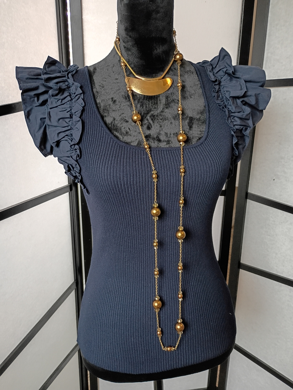 Navy Ribbed Ruffle Sleeve Tank